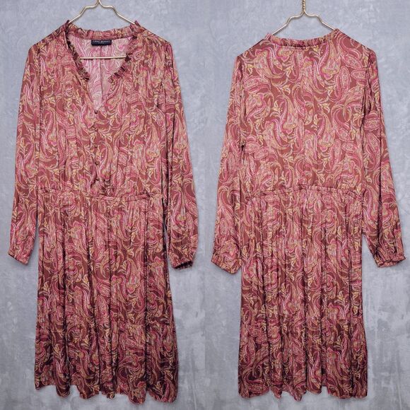 LANE BRYANT Brown Paisley Midi Dress Size 18 Long Sleeve Ruffle Neck Silky Boho - Picture 5 of 12